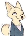  anthro arctic_fox bate_(artist) canid canine cheek_tuft clothed clothing disney female fluffy fluffy_tail fox fur half-length_portrait head_tuft inner_ear_fluff mammal one_eye_closed portrait shirt simple_background skye_(zootopia) smile solo topwear tuft white_background white_body white_fur zootopia 