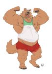  2019 anthro big_muscles black_nose bottomwear canid canine canis clothing domestic_dog flexing fur furrybob hi_res huey_(adios) male mammal musclar_male musclegut muscular nipples pink_nipples plantigrade shirt shorts simple_background smile solo tan_body tan_fur tank_top topwear 