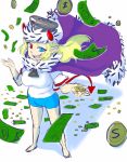  blonde_hair blue_eyes cape clothing coin demon fangs female hair hat headgear headwear heterochromia hi_res horn humanoid money not_furry red_eyes salt-chan saltybet smile solo the-chinad011-house 