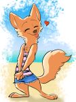  &lt;3 anthro arctic_fox barefoot beach biped bottomwear bracelet canid canine cheek_tuft chest_tuft claws clothed clothing colored disney elbow_tufts eyes_closed female fluffy fluffy_tail fox fuel_(artist) fur head_tuft hotpants jewelry light lighting mammal neck_tuft outside rt_pilon sand sea seaside shirt shorts sky skye_(zootopia) smile solo standing sunlight tan_body tan_fur tank_top toe_claws tongue tongue_out topwear tuft water zootopia 