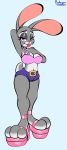  absurd_res clothed clothing disney female footwear hi_res high_heels judy_hopps lagomorph leporid looking_at_viewer mammal protagon rabbit shoes simple_background smile solo tongue tongue_out wide_hips zootopia 