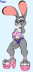  absurd_res anthro biped blue_background bottomwear bra clothed clothing digital_media_(artwork) disney female footwear full-length_portrait fur grey_body grey_ears grey_fur hi_res high_heels judy_hopps lagomorph leporid long_ears looking_at_viewer mammal portrait protagon rabbit shoes shorts simple_background smile solo underwear wide_hips zootopia 