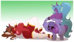  anthro arcane_shade big_breasts big_butt breasts butt clothing crouching dragon duo equid female footwear hi_res high_heels horn mammal my_little_pony pasties shoes simple_background suirano_(character) tatemil unicorn 