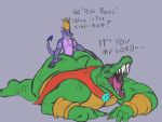  4:3 alfa_quinto anthro cape clothing crown dialogue donkey_kong_(series) duo english_text from_behind_position grey_background king_k._rool male male/male muscular muscular_male nintendo reptile scalie sex simple_background size_difference teeth text video_games 