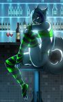  2018 alcohol anthro bar beverage detailed_background domestic_cat eliana-asato felid feline felis fur girly green_eyes hair hi_res long_hair looking_at_viewer male mammal public slim solo white_body white_fur white_hair wine 