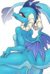  anthro blue_body blue_scales breasts dragon female friendship_is_magic horn kirinit looking_back membrane_(anatomy) membranous_wings my_little_pony nipples princess_ember_(mlp) red_eyes scales scalie simple_background solo white_background wings 