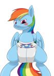  2019 blue_body blue_fur blush diaper equid equine feathered_wings feathers female feral friendship_is_magic fur hair hi_res mammal multicolored_hair my_little_pony nyanyakotarou pterippus rainbow_dash_(mlp) rainbow_hair simple_background white_background wings 