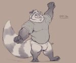  2019 anthro belly bulge clothing eyes_closed humanoid_hands male mammal minedoo procyonid raccoon simple_background slightly_chubby solo sweater teeth tongue topwear underwear 