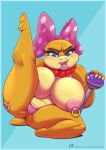  accessory anthro bead_necklace belly big_breasts blue_eyes breasts camel_toe cute_fangs female hair_accessory hair_bow hair_ribbon hi_res huge_breasts jewelry joelasko koopa koopaling lipstick looking_at_viewer makeup mario_bros navel necklace nintendo nipple_piercing nipples non-mammal_breasts open_mouth overweight overweight_female piercing presenting raised_leg ribbons scalie short_stack solo thick_thighs video_games wendy_o._koopa 