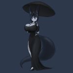  1:1 2018 accessory animal_humanoid asian_mythology big_breasts black_body black_fur black_hair blush bow breasts clothed clothing digital_media_(artwork) female fur hair hair_accessory handwear hi_res huge_breasts humanoid jewelry mammal mammal_humanoid medicinal_succ monochrome mythology necklace parasol ponytail simple_background smile solo thick_thighs vivian_kasai wide_hips 