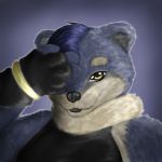  1:1 2019 5_fingers anthro black_lips blue_body blue_fur blue_hair bust_portrait canid canine clothed clothing digital_media_(artwork) fingers fur geno28_(artist) hair lips looking_at_viewer male mammal open_mouth portrait raccoon_dog simple_background smile solo tanuki zaffre 