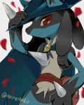  2019 ambiguous_gender cape clothing flower_petals fur hat headgear headwear lucario nintendo norenuko petals pok&eacute;mon pok&eacute;mon_(species) red_eyes rose_petals signature smile solo spikes video_games 