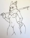  alopex anthro arctic_fox bandage breasts canid canine facial_markings female fox foxovh head_markings hi_res holding_object holding_weapon kama_(weapon) line_art mammal markings mask_(marking) navel nipples pussy simple_background solo teenage_mutant_ninja_turtles weapon 
