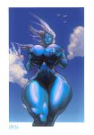  abs absurd_res big_breasts bikini blue_body blue_skin breasts clothing curvaceous female hi_res horn horned_humanoid huge_breasts humanoid irn looking_at_viewer nipples not_furry simple_background solo swimwear thick_thighs voluptuous wide_hips 
