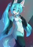  2019 accessory alternate_species anthro black_body black_fur blue_body blue_eyes blue_fur blush breasts canid canine cute_fangs featureless_breasts featureless_crotch female fox fur fur_markings furrification hair hair_accessory hair_ribbon hatsune_miku hi_res holding_object kemono long_hair looking_at_viewer mammal markings microphone necktie open_mouth pigtails ribbons shiitakemeshi shirt_collar solo vocaloid white_body white_fur 