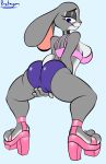  absurd_res breasts camel_toe clothed clothing disney female footwear grinding hi_res high_heels judy_hopps lagomorph leporid mammal protagon rabbit shoes side_boob simple_background smile solo wide_hips zootopia 