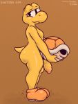  2019 anthro balls butt clothing fluffyfrumples footwear holding_object humanoid_penis koopa looking_at_viewer male mario_bros mostly_nude nintendo penis scales scalie shell simple_background solo video_games yellow_body yellow_scales yellow_skin 