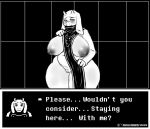  2019 anthro belly big_breasts blush boss_monster bovid breasts caprine dialogue digital_media_(artwork) english_text female greyscale horn huge_breasts looking_at_viewer mammal mature_female monochrome mostly_nude navel nipples pussy seductive signature solo text thick_thighs toriel undertale urielmanx7 video_games voluptuous wide_hips 