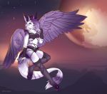  4_toes 5_fingers anthro clothed clothing detailed_background eyebrows eyelashes feathered_wings feathers felid feline female fingers free-opium hair horn hybrid mammal moon night outside purple_body purple_eyes purple_feathers purple_hair sky smile solo star starry_sky toes wings 