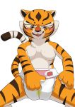  2019 anthro black_stripes blush bodily_fluids breasts diaper dreamworks fangs featureless_breasts felid female fur genital_fluids hand_on_diaper hand_on_leg hi_res kung_fu_panda mammal master_tigress nyanyakotarou open_mouth orange_body orange_eyes orange_fur pantherine simple_background solo stripes sweat tiger urine wet_diaper wetting white_body white_fur yellow_sclera 