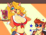  2017 accessory activision alcohol anthro bandicoot beverage big_breasts black_nose blonde_hair bottomwear breasts brown_gloves brown_hair choker cleavage clothed clothing cocktail cosplay crash_bandicoot crash_bandicoot_(series) crossover dandy_(space_dandy) digital_media_(artwork) duo eyebrows eyelashes eyeshadow eyewear female fingerless_gloves fur gloves green_eyes hair hair_accessory hair_over_eye hairband handwear holding_object honey_(space_dandy) jacket jewelry lipstick long_hair makeup male male/female mammal marsupial midriff necklace open_mouth orange_body orange_fur red_bottomwear red_clothing red_lipstick red_topwear sdei shirt_cuffs short_hair simple_background sitting smile space_dandy standing star straw sunglasses tawna_bandicoot topwear tray video_games wavy_hair 