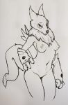  anthro breasts digimon digimon_(species) female foxovh half-closed_eyes hi_res line_art looking_at_viewer mostly_nude neck_tuft nipples pussy renamon simple_background smile solo standing tuft 