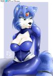  anthro big_breasts breasts canid canine cleavage clothed clothing digital_media_(artwork) female fox fur hair hi_res huge_breasts krystal mammal nintendo simple_background smile star_fox thick_thighs video_games viejillox 