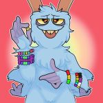  1:1 2019 4_arms 5_fingers ambiguous_gender bedroom_eyes big_blue_bubble biped black_eyes blep blue_body blue_fur bowgart bracelet brown_horn brown_teeth candy candy_bracelet digital_drawing_(artwork) digital_media_(artwork) english_text fangs fingerless_(marking) fingers food front_view fur fur_tuft grey_body half-closed_eyes half-length_portrait hands_on_hips hi_res holding_(disambiguation) horn horned_humanoid humanoid humanoid_hands jewelry kandi_(bracelet) lgbt_pride light lighting looking_at_viewer multi_arm multi_limb multicolored_body my_singing_monsters nonbinary_pride_colors noseless not_furry nude orange_pupils outline pink_background portrait pride_colors rainbow_bracelet rainbow_flag rainbow_pride_flag rainbow_symbol red_tongue seductive shadow simple_background smiley_face solo standing star_pupils text tongue tongue_out tuft two_tone_body video_games xiaoupaws yellow_sclera 