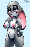  absurd_res big_breasts breasts disney female hand_on_hip hi_res judy_hopps lagomorph leporid looking_at_viewer mammal nude protagon rabbit seductive simple_background smile solo zootopia 