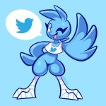  anthro avian beak bird blue_background blue_body blue_eyes blue_feathers bottomless breasts clothed clothing digital_media_(artwork) feathers featureless_crotch female gesture hi_res looking_at_viewer loulouvz one_eye_closed open_mouth open_smile pictographics shirt simple_background smile topwear tweetfur twitter waving wink 