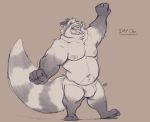  2019 anthro belly bulge clothing eyes_closed humanoid_hands male mammal minedoo moobs navel nipples procyonid raccoon simple_background slightly_chubby solo teeth tongue underwear 