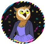  80&#039;s_theme abstract_background alpha_channel anthro avian biped bird bojack_horseman breasts brown_body brown_feathers cleavage clothed clothing dress feathers female fully_clothed half-length_portrait jacket jewelry necklace non-mammal_breasts opuspaganus owl portrait signature solo topwear wanda_pierce 