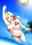  beach_volleyball bikini blonde_hair blue_eyes bow breasts dead_or_alive front-tie_top hair_bow helena_douglas kitamura_(bamboo) large_breasts long_hair navel one_eye_closed pubic_hair pussy side-tie_bikini swimsuit untied volleyball wardrobe_malfunction 