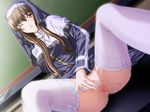  1girl blush censored game_cg garter_belt indoors masturbation pussy solo thighhighs 