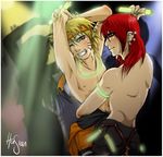  2boys blonde_hair blush earrings gaara glow_stick glowstick hoisian jewelry long_hair male male_focus multiple_boys naruto rave rave_party red_hair uzumaki_naruto yaoi 