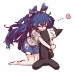  1girl :d ^_^ barefoot blue_hair bow closed_eyes commentary_request eyes_closed hair_bow heart hood hood_down hoodie hug hug_from_behind isu_(is88) long_hair open_mouth short_sleeves skirt smile stuffed_animal stuffed_cat stuffed_toy touhou yorigami_shion 