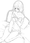  aoki_yuriko bakuman bare_shoulders barefoot bed book breasts breath cleavage collarbone fukurokouji greyscale lineart masturbation medium_breasts monochrome on_bed pillow short_hair solo sweater 