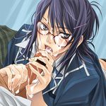  clothed cum cum_in_mouth cum_on_body cum_on_face cum_on_glasses cum_on_hands cum_on_upper_body facial fellatio glasses lowres oral penis tales_of_(series) tales_of_vesperia trap yaoi yuri_lowell 