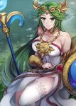 1girl aqua_eyes bangs bare_shoulders belt belt_buckle bracelet bracer breasts brown_belt buckle cleavage closed_mouth collarbone dress eyebrows_visible_through_hair gem goddess gold grass green_hair jewelry kid_icarus large_breasts long_hair narumiko_busa neck_ring nintendo palutena parted_bangs shield side_slit single_thighhigh sitting smile solo staff straight_hair strapless strapless_dress thighhighs tiara very_long_hair white_dress white_legwear 