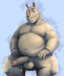  anthro balls big_penis bodily_fluids body_hair brown_eyes chest_hair erection furniture genital_fluids grey_body grey_skin hi_res horn humanoid_penis male mammal nose_horn nude overweight overweight_male penis precum rhinocerotoid sitting solo stool zhaqez 