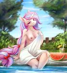  absurd_res anthro areola breasts cup detailed_background equid eyelashes fan_character female fence food fruit hearts_desire hi_res horn looking_at_viewer mammal melon my_little_pony nipples outside plant ponsex smile solo straw towel tree unicorn water watermelon wet 