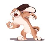  1:1 anthro brown_body brown_fur cider_(ciderbunart) ciderbunart claws ears_back fangs female fur hi_res lagomorph mammal open_mouth pivoted_ears scut_tail shadow signature simple_background snarling solo standing tan_body tan_fur teeth toeless_(marking) tongue were werelagomorph wererabbit white_background white_body white_fur 