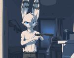  absurd_res anthro blue_eyes bottomwear clothed clothing detailed_background disney ears_up facial_markings fur gun head_markings head_tuft hi_res holding_gun holding_object holding_weapon hunglee jack_savage lagomorph leporid light male mammal markings pants rabbit ranged_weapon rifle shadow solo topless weapon white_body white_fur zootopia 
