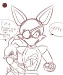  2014 angry avian bird bodily_fluids canid canine chica_(fnaf) chicken crying dialogue female five_nights_at_freddy&#039;s fox foxy_(fnaf) galliform gallus_(genus) gesture hi_res looking_at_viewer machine male mammal monochrome phasianid pointing pointing_at_viewer renee-moonveil robot tears video_games 