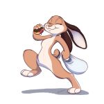  1:1 anthro brown_body brown_fur cider_(ciderbunart) ciderbunart doughnut eating eyes_closed female food fur hi_res holding_object lagomorph leporid mammal rabbit scut_tail shadow signature simple_background solo toeless_(marking) walking white_background white_body white_fur 