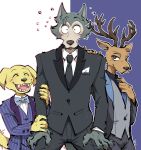  2019 41raco anthro antlers beastars bird_dog blush bodily_fluids canid canine canis cervid classy clothed clothing domestic_dog hi_res horn hunting_dog jack_(beastars) labrador legosi_(beastars) looking_at_viewer louis_(beastars) male mammal necktie retriever scar standing suit sweat topwear wolf 