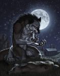  anthro barn black_nose blood bodily_fluids canid canine cervid death fur grey_body grey_fur katie_hofgard madeline_wolfe_(artist) male mammal moon muscular muscular_male night outside predator/prey sky solo star teeth tree were werecanid werecanine werewolf yellow_eyes 