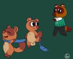  2018 animal_crossing anthro balls bottomwear brown_body brown_fur canid canine clothing contimplatininspiratio cub eyes_closed flaccid fur green_background group male mammal nintendo pants penis raccoon_dog simple_background tanuki timmy_nook tom_nook_(animal_crossing) tommy_nook video_games young 