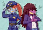  2019 anthro blue_body blue_skin clothed clothing deltarune female fish hair long_hair male marine police police_uniform ponytail purple_body red_hair scalie sharp_teeth smile susie_(deltarune) teeth topwear undertale undyne uniform video_games walnut_(pixiv) 