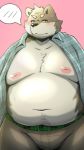  2019 anthro belly blush bottomwear canid canine canis clothed clothing domestic_dog hi_res male mammal menmen_kesinn moobs navel nipples open_shirt overweight overweight_male pants pink_background shirt simple_background solo topwear 